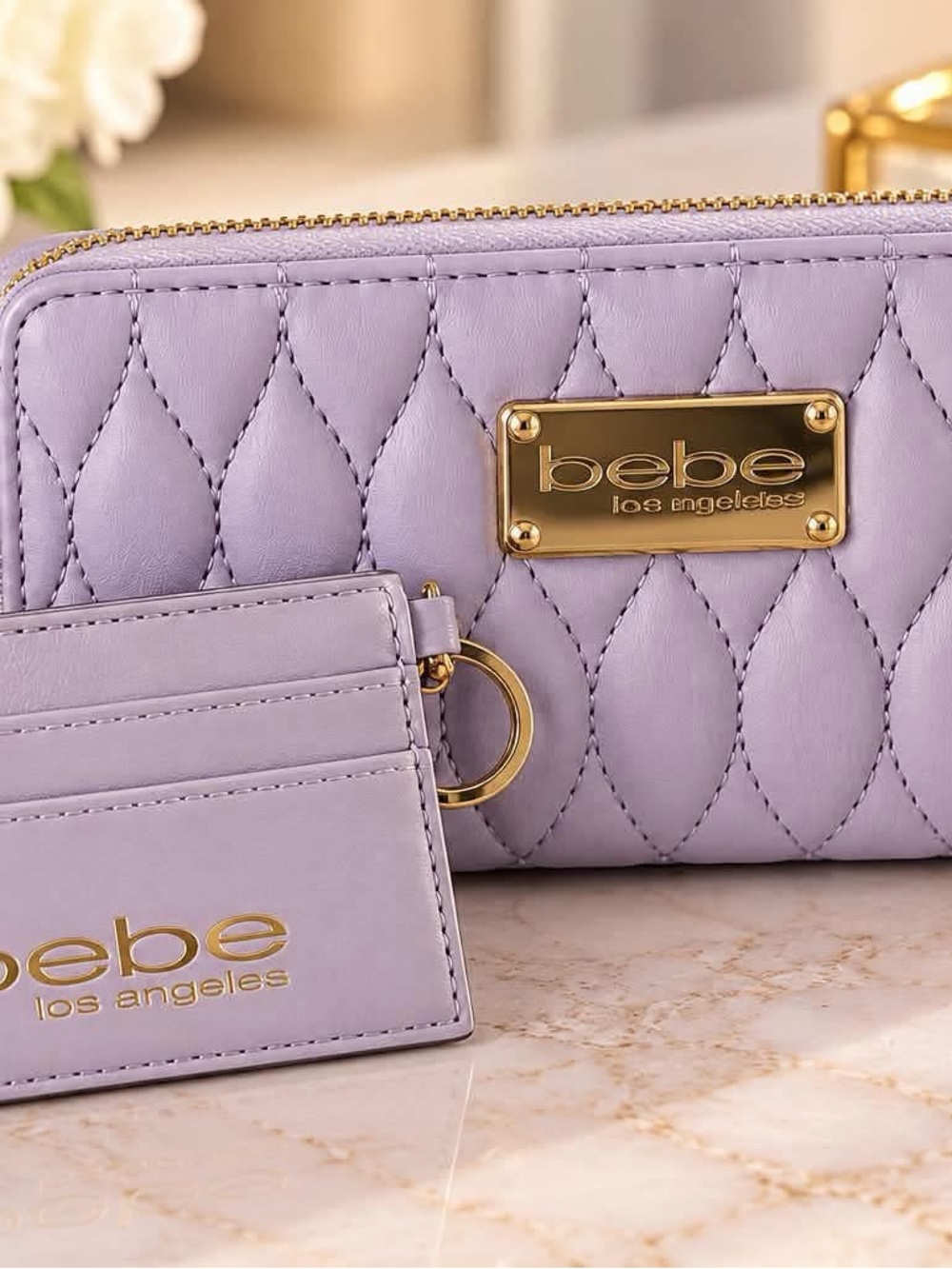 bebe Quilted Lavender Cosmetic Pouch with Matching Cardholder